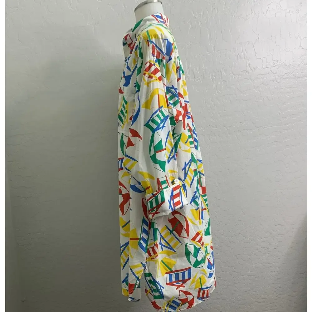 VTG Lesile Fay O/S 80s Swim Cover Up Button Up Shirt Dress Umbrella Beach Chair